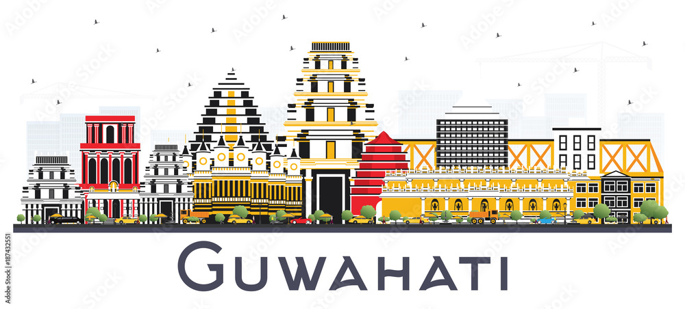 Guwahati India City Skyline with Color Buildings Isolated on White Background.