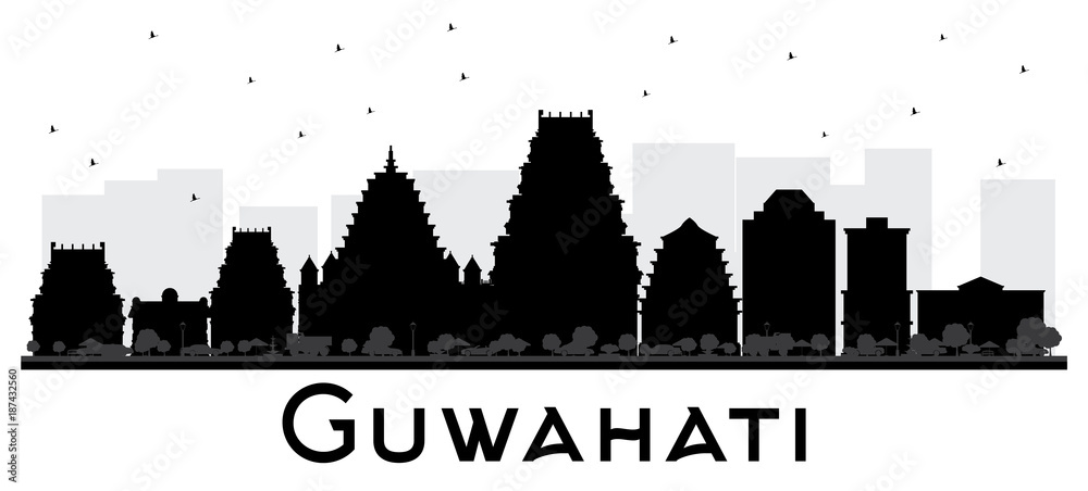Guwahati India City Skyline Black and White Silhouette.