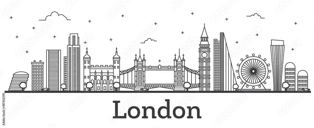 Naklejka premium Zarys Londyn Anglia City Skyline z nowoczesnymi budynkami na białym.