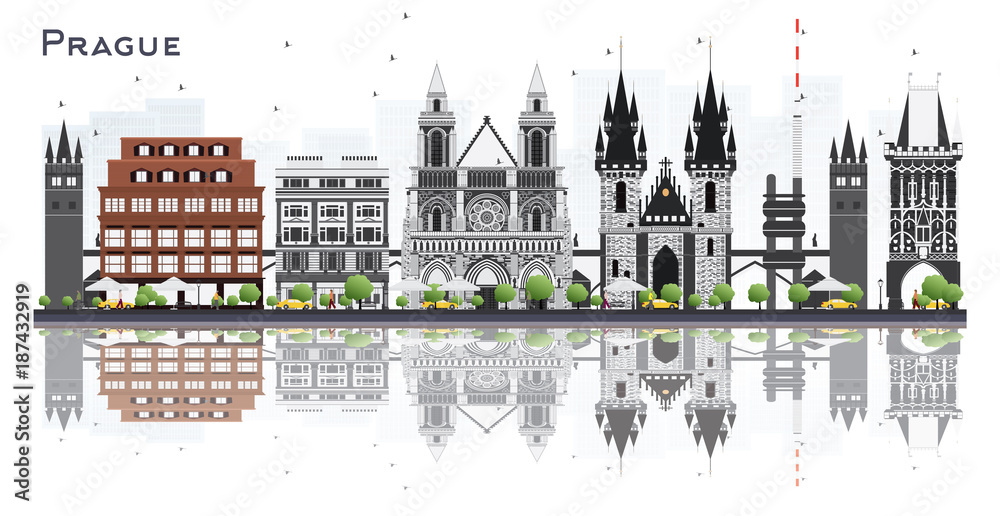Prague Czech Republic City Skyline with Gray Buildings Isolated on White Background.