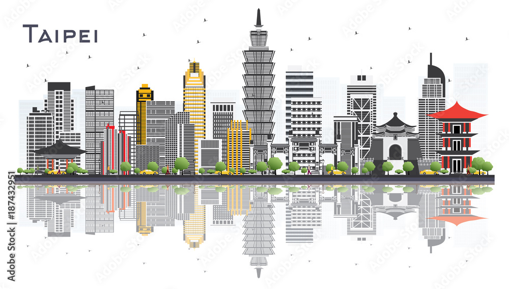 Taipei Taiwan City Skyline with Gray Buildings Isolated on White Background.