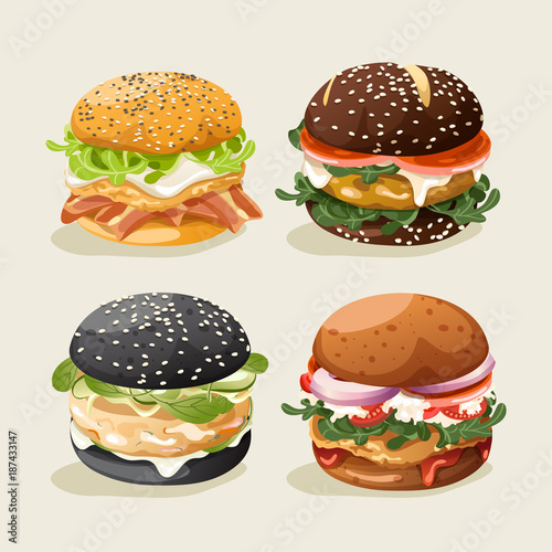 Set of Burgers : Burger with Ingredients : Vector Illustration