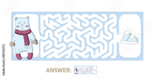 Children's maze with polar bear and the North pole. Cute puzzle game for kids, vector labyrinth illustration.