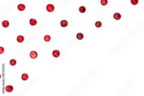 Cranberry isolated on white background closeup with copy space for your text. Top view. Flat lay pattern