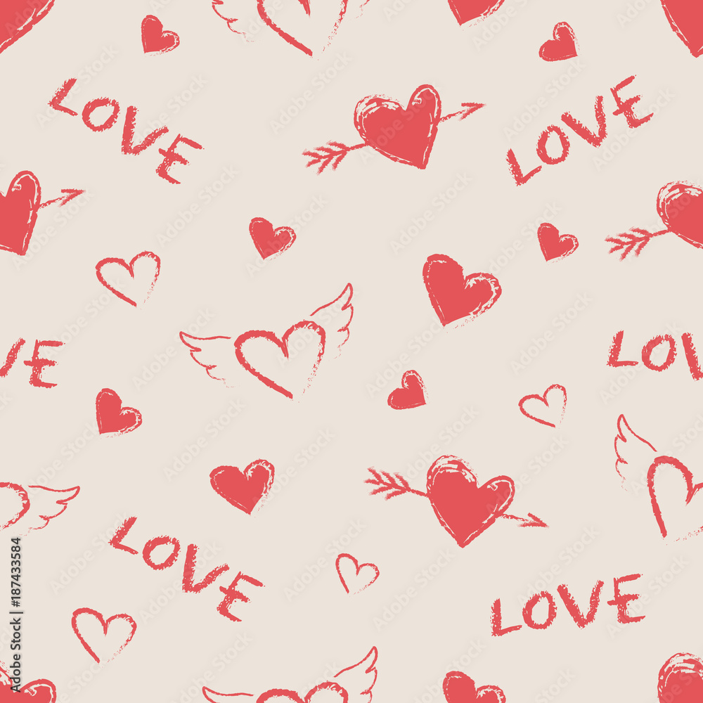 Valentine's Day seamless pattern. Vector cute hand drawn hearts with angel wings and arrows. Vintage style. Seamless texture for wallpapers, pattern fills, cards, web page backgrounds.