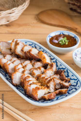 Deep Fried Crispy Pork Belly Cooked with Garlic and spicy dipping sauce