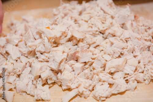 Boiled meat of chicken. Meat of a turkey.
