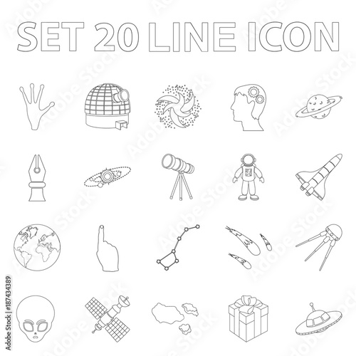 Space technology outline icons in set collection for design.Spacecraft and equipment vector symbol stock web illustration.