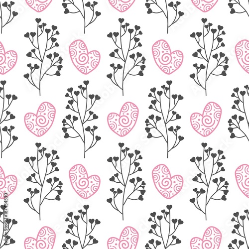 Fototapeta Naklejka Na Ścianę i Meble -  Seamless pattern with Valentine's day with flowers and hearts. Vector illustration.