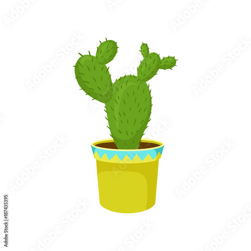 Opuntia cactus in a pot, home plant in a flowerpot cartoon vector Illustration