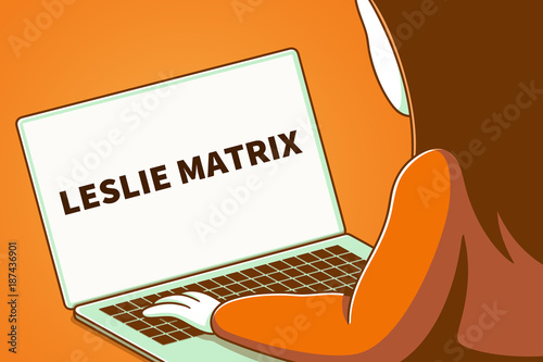 Woman looking at a laptop screen with the words leslie matrix photo