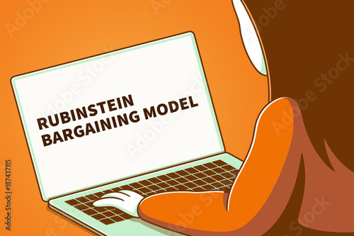 Woman looking at a laptop screen with the words rubinstein bargaining model photo