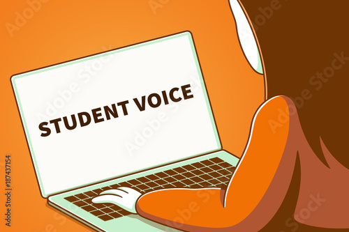 Woman looking at a laptop screen with the words student voice