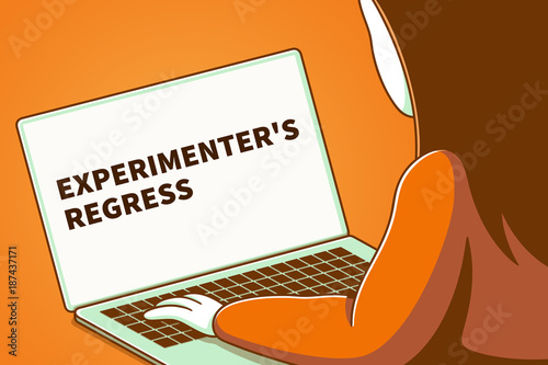 Fotografie Woman looking at a laptop screen with the words experimenter's regress