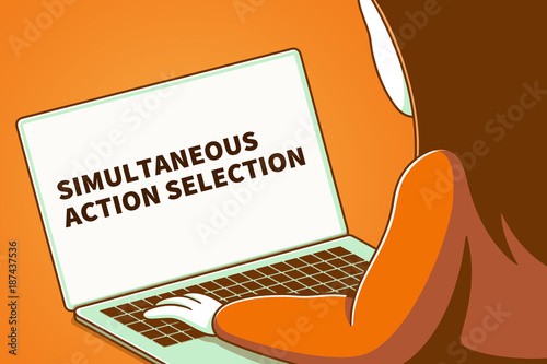 Woman looking at a laptop screen with the words simultaneous action selection photo