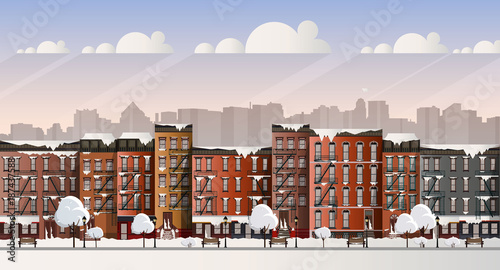 Vector Art Frozen City Scene. snow covered street in Brooklyn during a blizzard