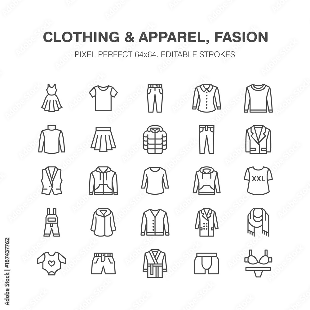 Clothing, fasion flat line icons. Mens, womens apparel - dress