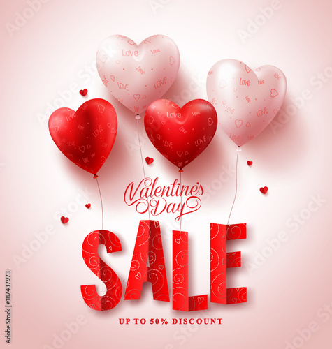 Valentines day sale vector design with red heart shape balloons in white background for valentines season shopping discount promotion. Vector illustration.
