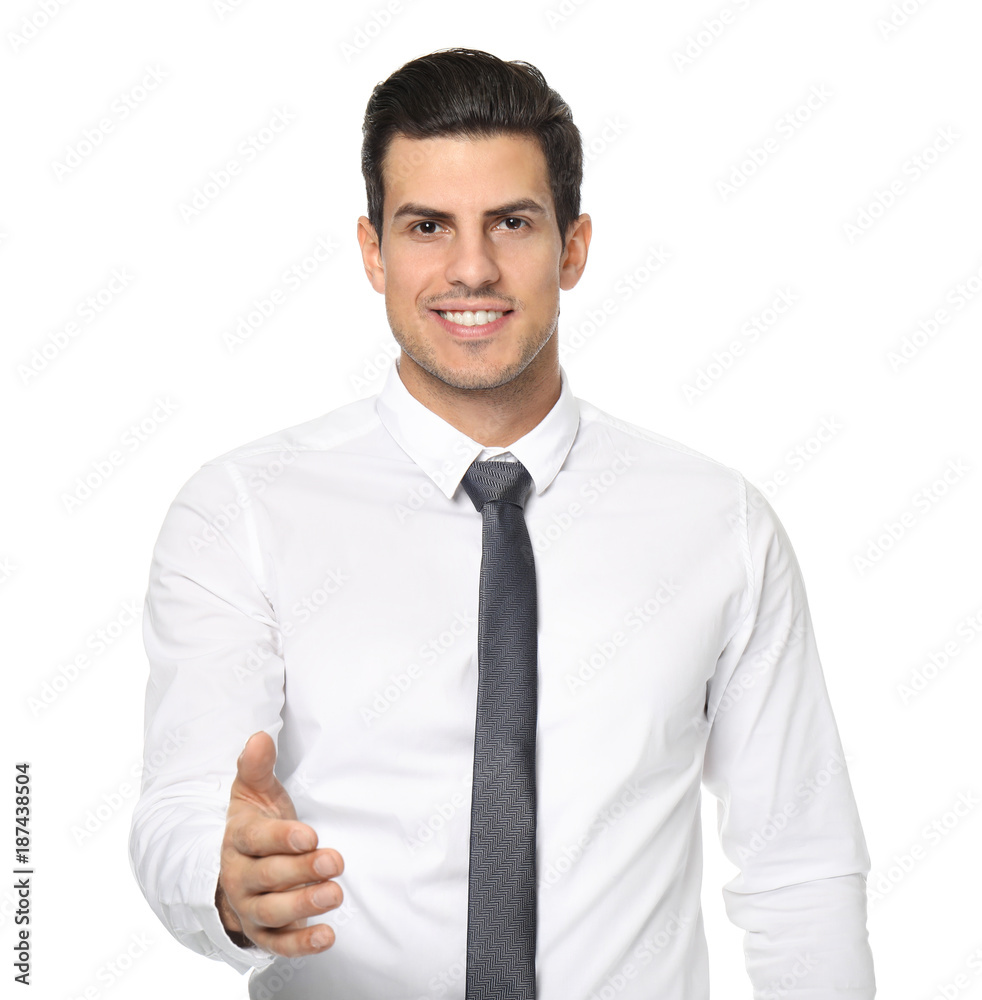 Man in formal clothes reaching out for handshake on white background Man in formal clothes reaching out for handshake on white background