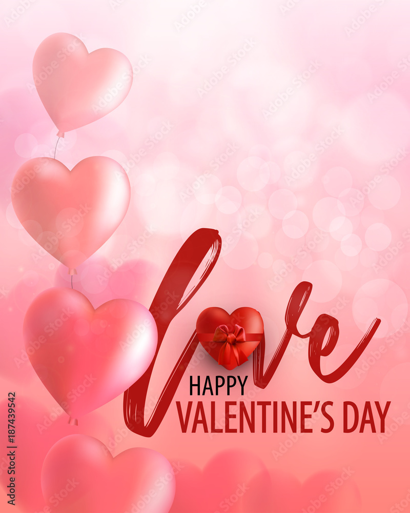 Happy Valentine's day Greeting card with realistic heart and bow. 