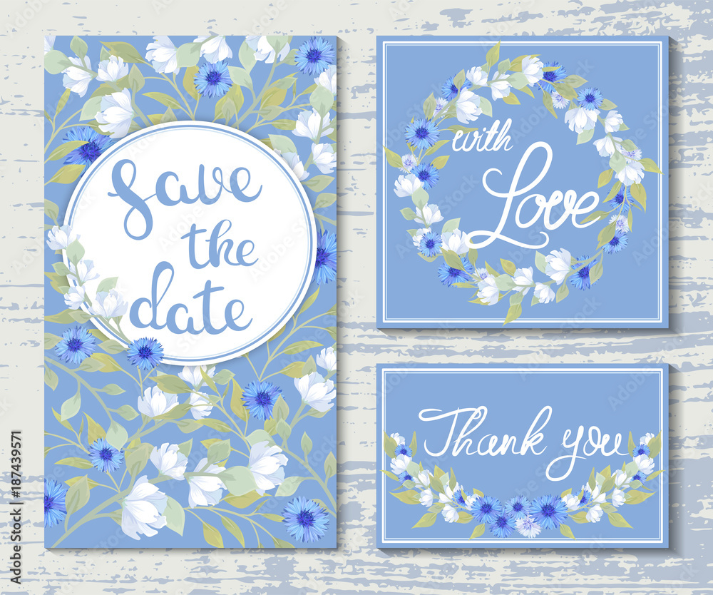Vector wedding invitations set with white and blue flowers. Romantic tender floral design for wedding invitation
