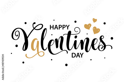 Happy Valentines Day card. Beautiful greeting typography poster handwritten calligraphy inscription black text word  gold heart. Design modern lettering brush  isolated white background vector.