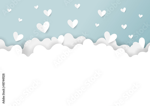 White clouds and cofetti paper hearts shape on blue background.Paper art style of valentine's day greeting card and love concept.Vector illustration.