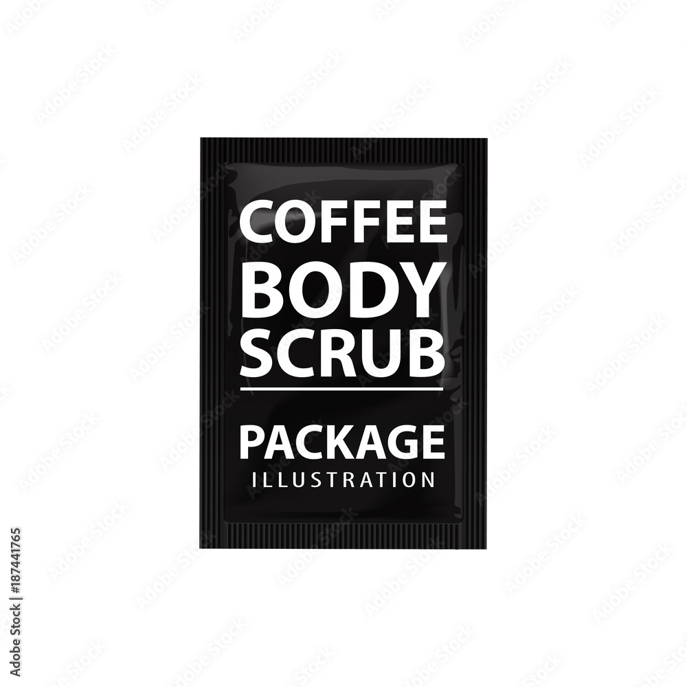 Realistic coffee scrub sachet. Cosmetic Vector mock up template. Product packaging on white background