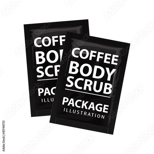 Realistic coffee scrub sachet. Cosmetic Vector mock up template set. Product packaging on white background