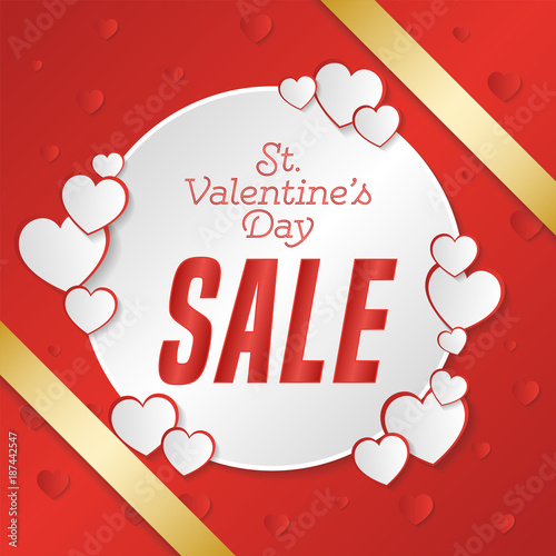 St. Valentine's Day big sale banner. Composition with hearts, gold strip and briight point. Vector illustration. photo