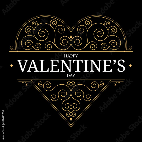 Valentines Day heart vintage design . Ornate golden love symbol with floral swirl golden elements on black background. Vector illustration