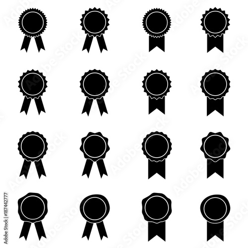 Set of seal icons. Classical stamp seals, badges and labels with ribbons. Vector Illustration