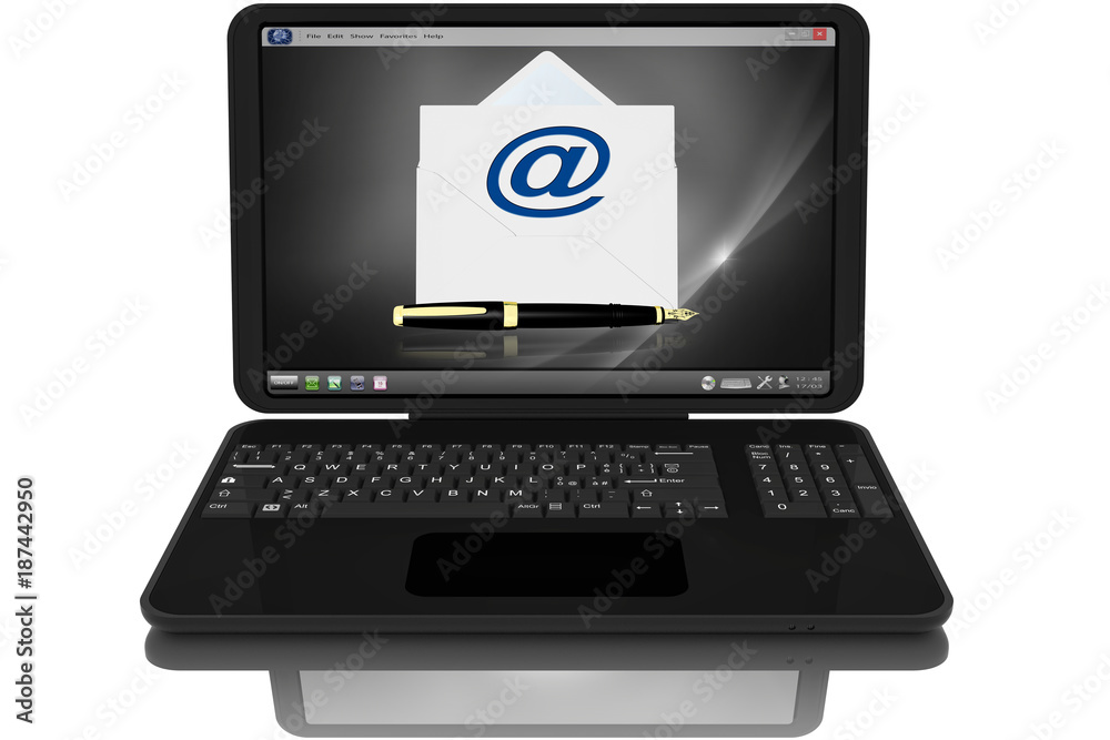 Computer portatile aperto nero..Sullo schermo simbolo e-mail..  Stock-Illustration | Adobe Stock