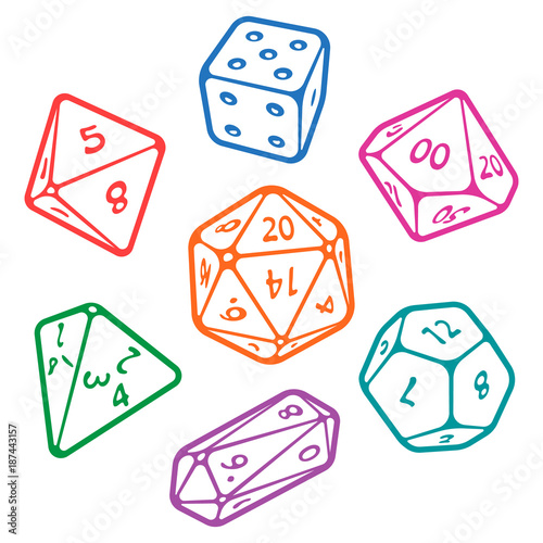 Vector icon set of dice for fantasy dnd and rpg tabletop games. Board game polyhedral dices with different sides: d4, d6, d8, d10, d12, d20 isolated on white background photo