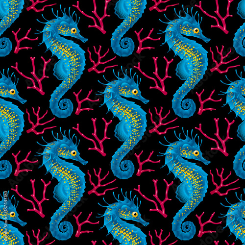 Vector Seamless Pattern whith Seahorse. Blue Thorny Hippocampus and Pink Coral Isolated on Black Background. Use for Sea Wallpaper, Gift Wrap or Wrapping Paper