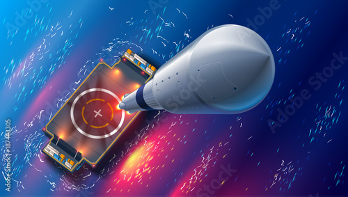 Rocket launch on autonomous spaceport drone ship in sea. Top view. spaceship takes off into space. Marine floating cosmodrome. Aerospace technology future concept.