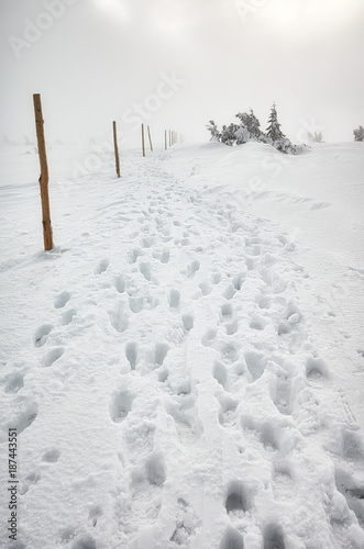 Hiking shoes imprints in snow, blizzard in Karkonosze mountains, winter landscape, Poland.