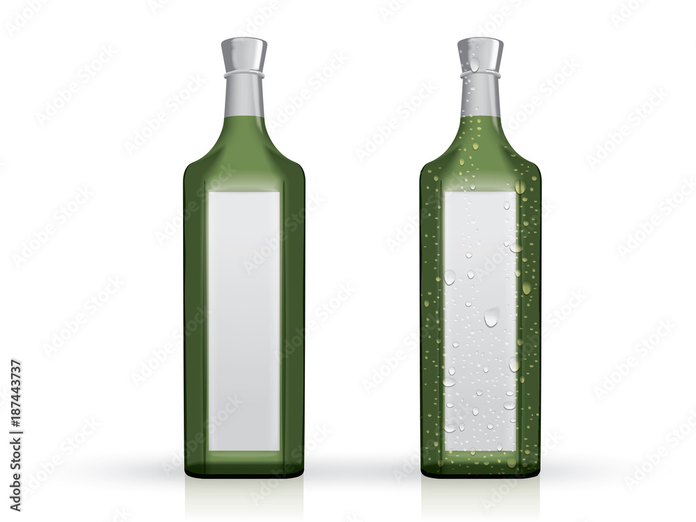 transparent glass bottle with drops on a white background mock up