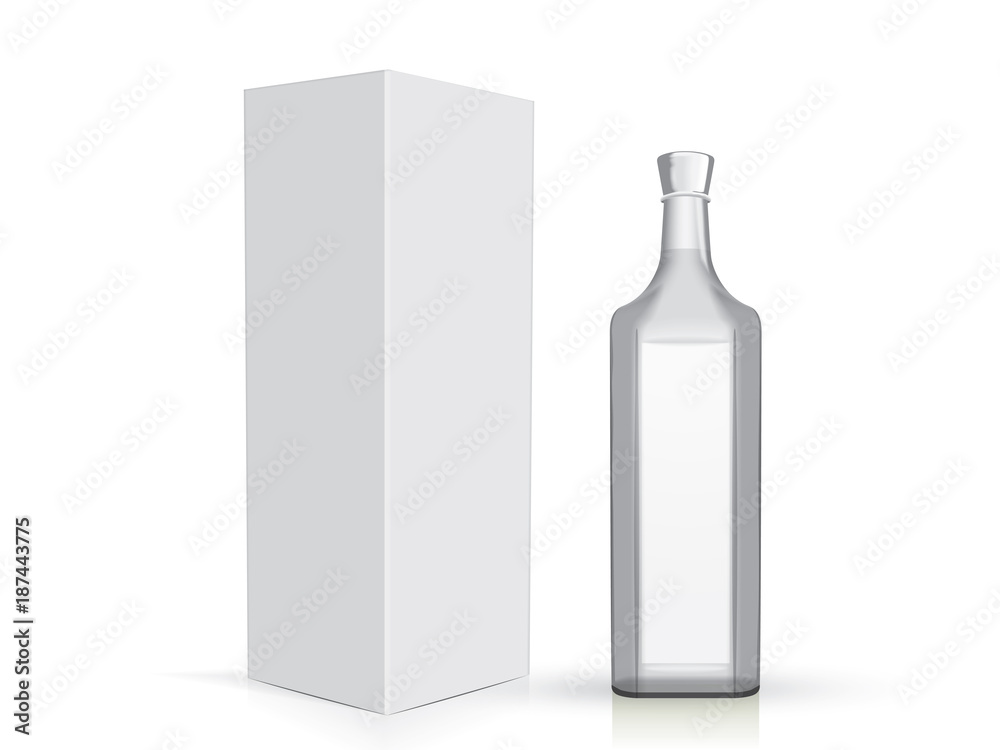 transparent glass bottle with box  on a white background mock up  template