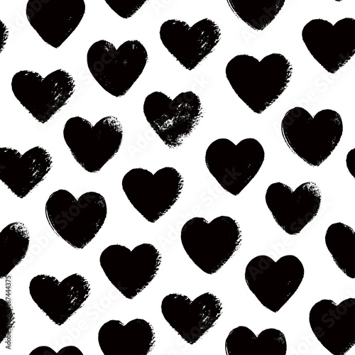 Seamless black and white pattern with watercolor hearts / Vector illustration