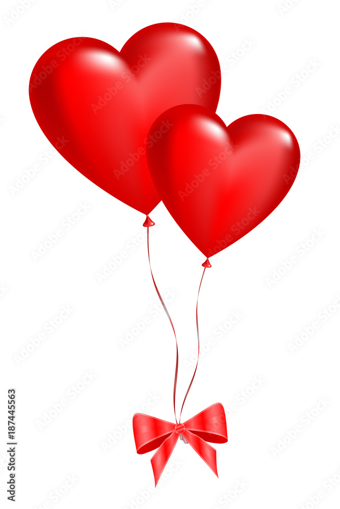 Two balloons in the shape of hearts on a white