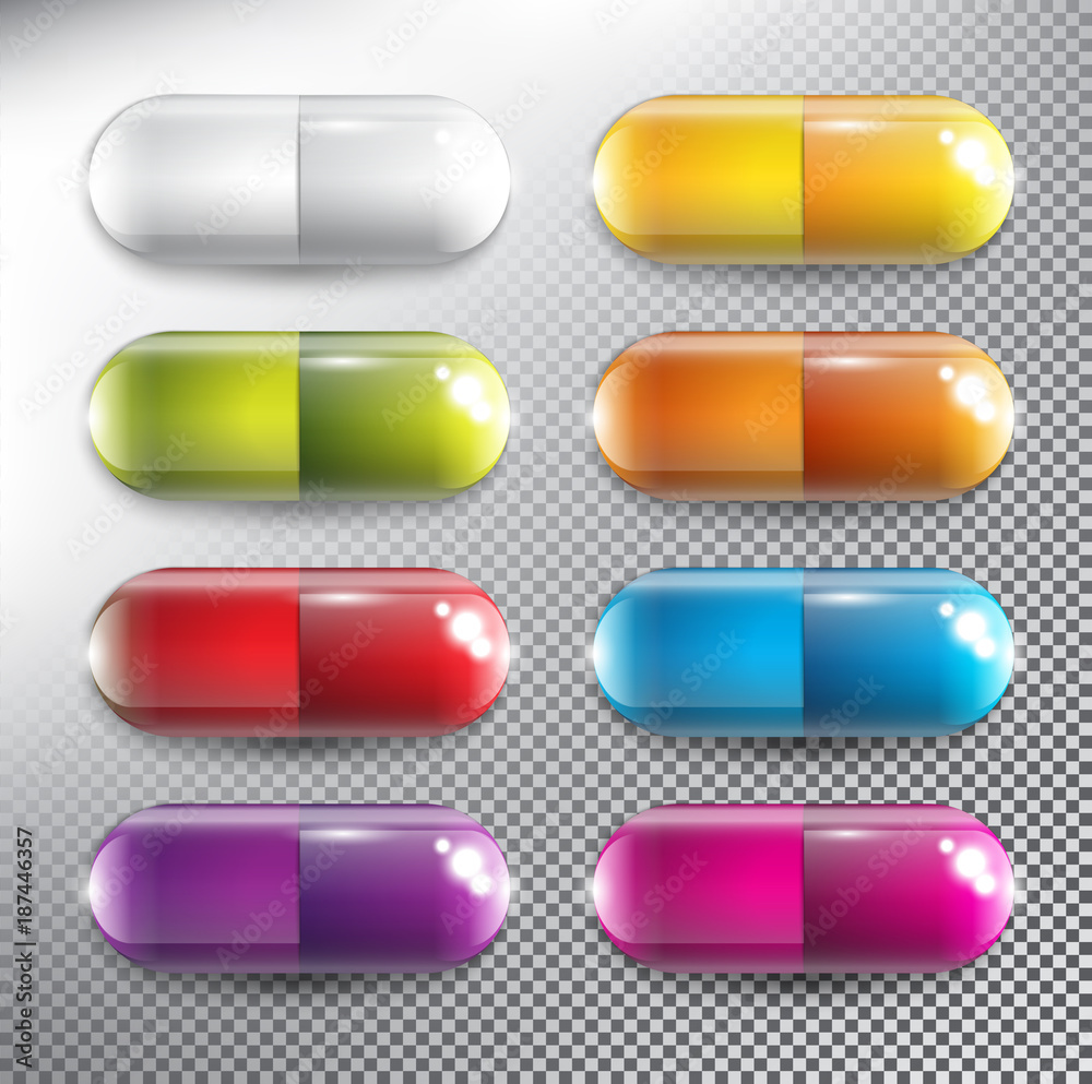 Set of 8 vector medical pills. Capsules in 8 different colors . Isolated and transparent with realistic glass shine and shadow on the light background. Vector illustration. Eps10. Set of 8 vector medical pills. Capsules in 8 different colors . Isolated and transparent with realistic glass shine and shadow on the light background. Vector illustration. Eps10.