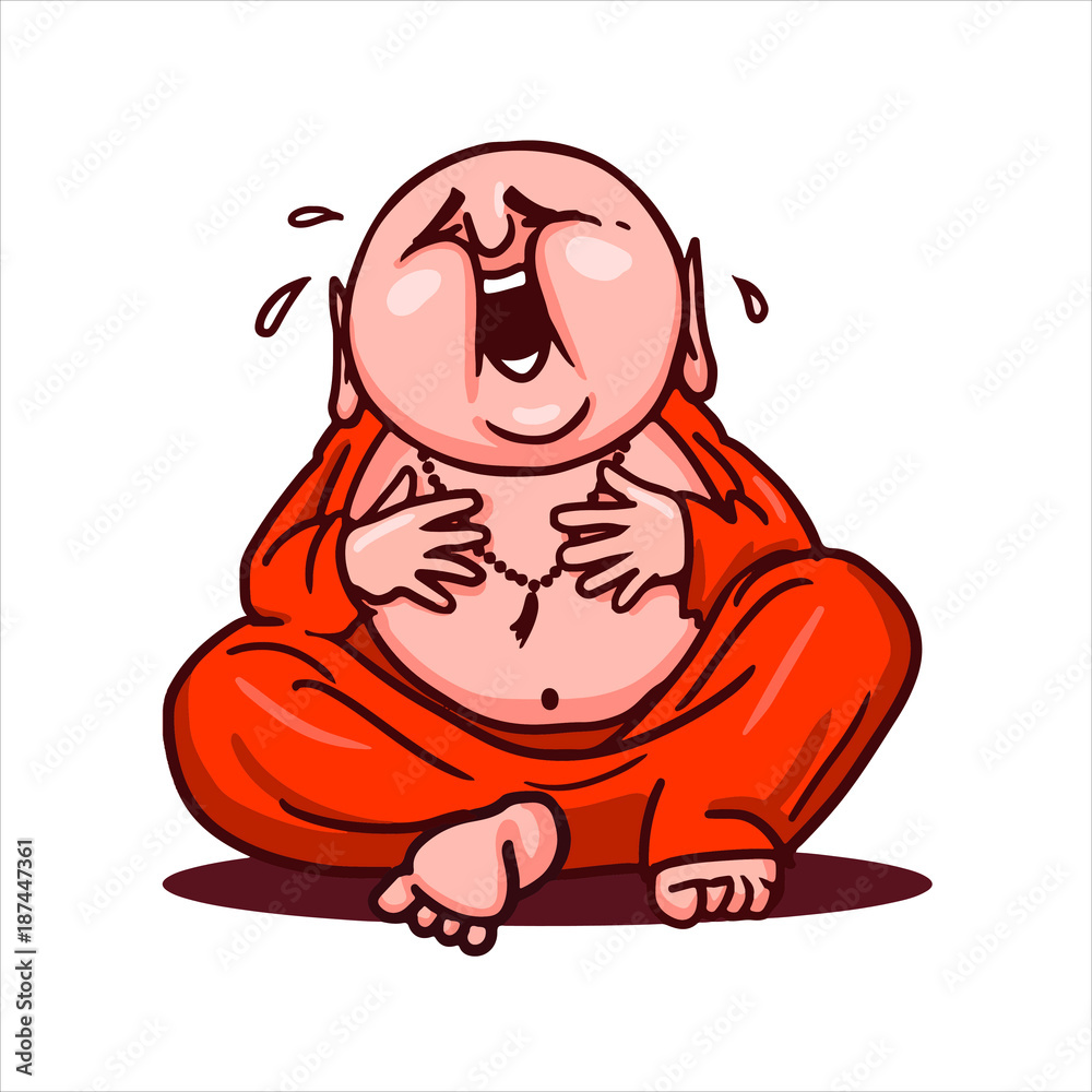 Cartoon vector illustration. Street art work or sticker with funny  character. Funny Buddha sits in a lotus position, laughs loudly and clings  to the belly. Stock Vector | Adobe Stock