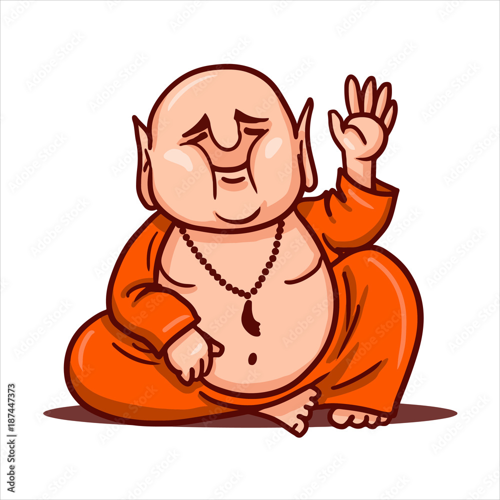 Cartoon illustration. Street art work or sticker with funny character. Calm Buddha sitting in the Lotus position, raises his hand and greets. Cartoon illustration. Street art work or sticker with funny character. Calm Buddha sitting in the Lotus position, raises his hand and greets.