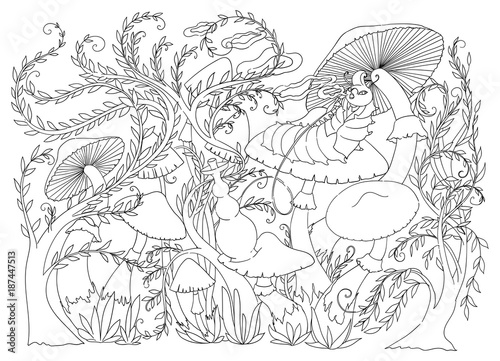 Caterpillar smokes a hookah on a mushroom. Fairytale Wonderland scenery. Vintage vector illustration