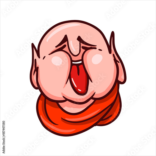 Cartoon vector illustration. Street art work or sticker with funny character. Buddha’s face with stuck out tongue and tightly closed eyes.