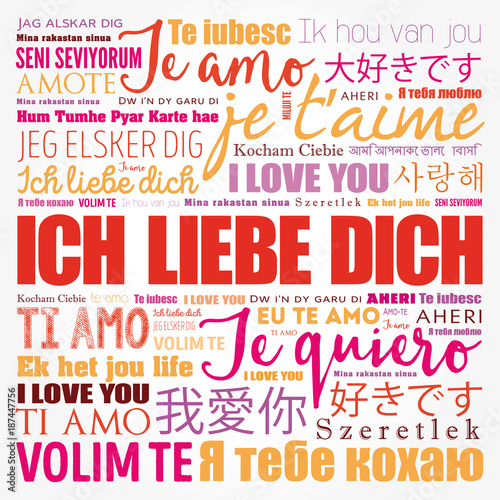 ICH LIEBE DICH (I Love You in German) in different languages of the world, word cloud background