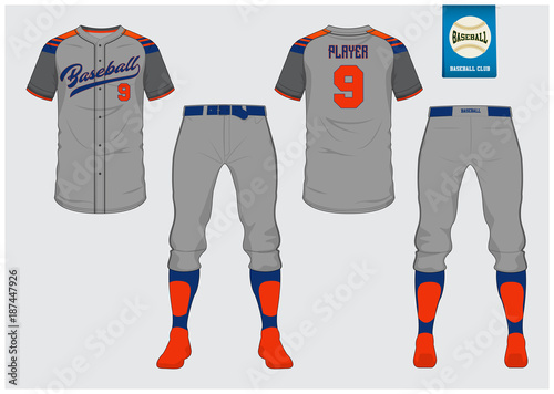 Baseball jersey, sport uniform, raglan t-shirt sport, short, sock template. Baseball t-shirt mock up. Front and back view baseball uniform. Flat baseball logo on blue label. Vector Illustration.