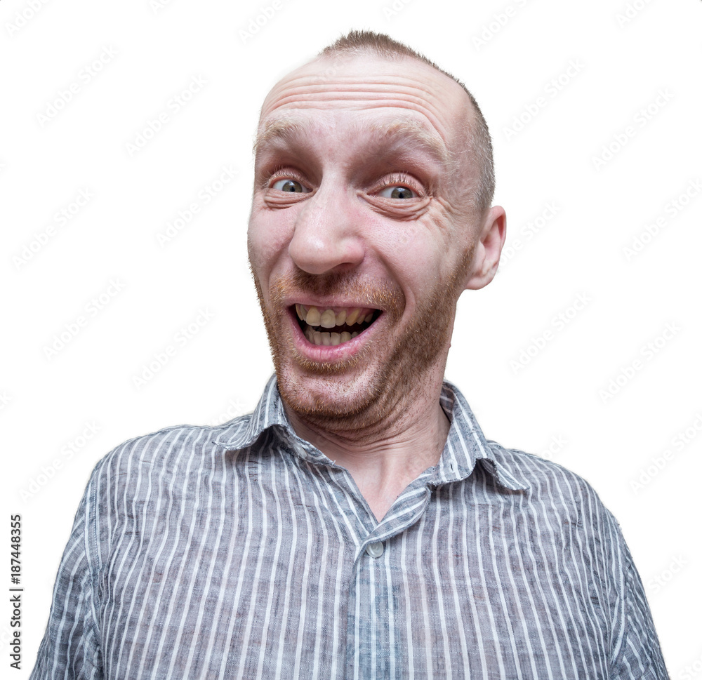 Funny portrait of an unshaven middle-aged caucasian man. Positive emotions and expressions. Smiling and surprised man. Isolated on white.