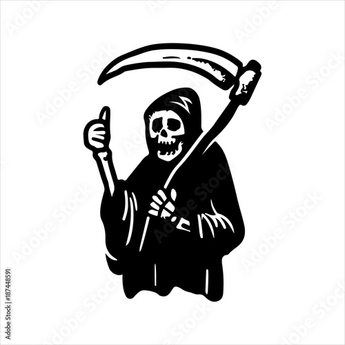 Etched vector illustration. Engraved sticker. Dark humor jokes. Contemporary street art work. Hand drawn sketch of a ghost of death in a robe and with a scythe in his hands, showing the gesture “thumb